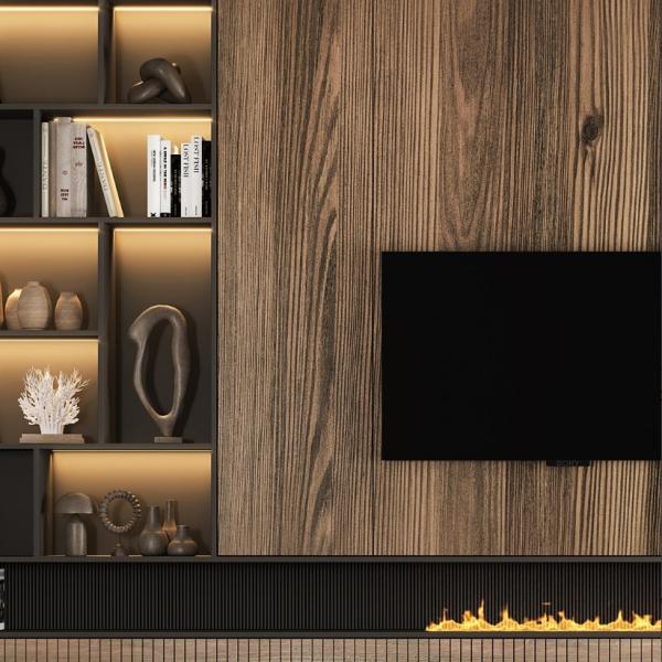 Armário de TV de luxo Armário de TV de madeira com lareira Unidade de parede Armário de TV de design moderno