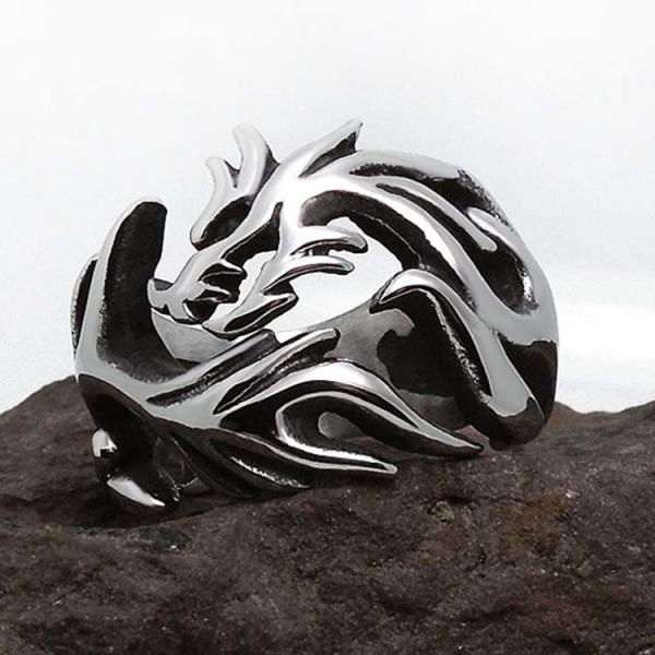 Men's Vintage Old Silver Plated Titanium Stainless Steel Dragon Ring (SA126)