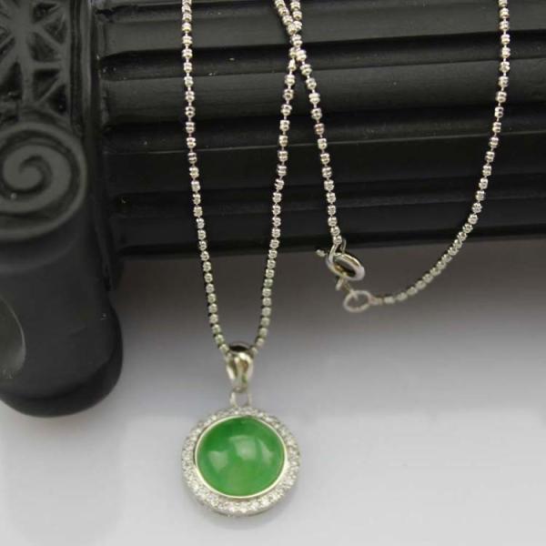 Sterling Silver Bead Chain Necklace Round 11mm Green Jade Cubic Zirconia Pendant  (PSJ025)
