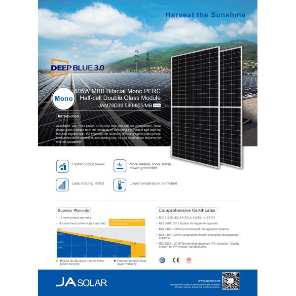 JA SOLAR 580-605w Bifacial Photovoltaic Panels ISO/IEC/EC/UL Certified Solar Solution