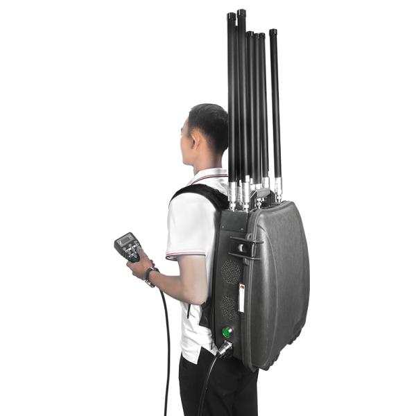Bloqueador de drones tipo mochila de 8 bandas, alcance de 500-1500m, 50W de salida