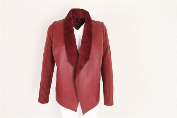 Fur Lining PU Splicing Ladies Sweater Cardigan Wine Color In Stock