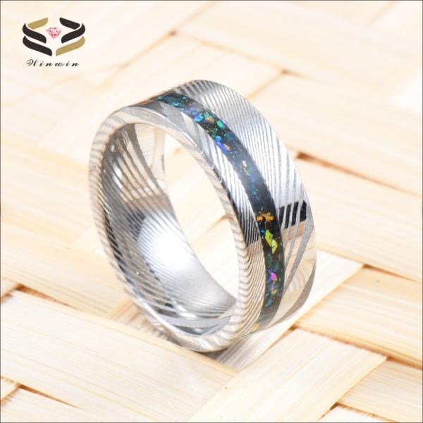 Galaxy Opal Silver Damascus Wedding Band custom Logo 8mm For Men