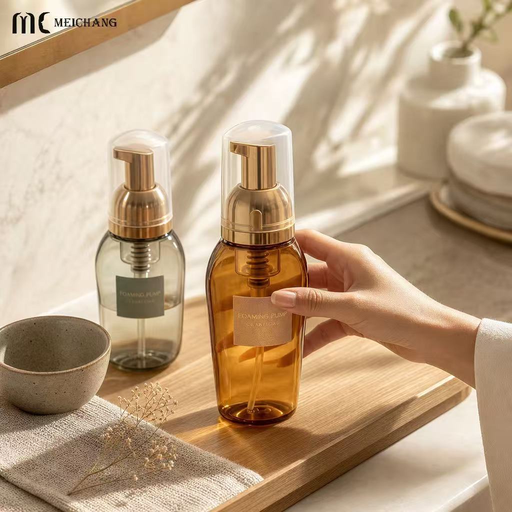 Custom PET Foaming Pump Bottle with Clear Protective Cap, 50ml & 80ml Special-Shaped Foam Pump Bottle（MC-1808）