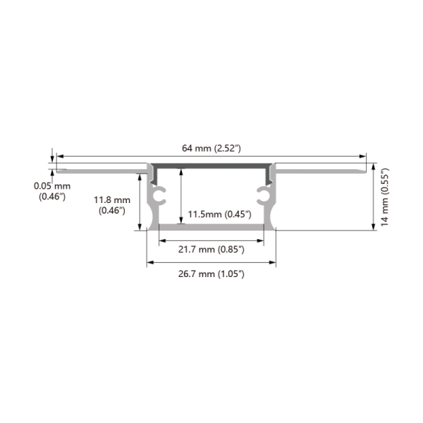 6063 Aluminum LED Profile W64.0 × H14.0mm with PCB Width up to 11.0mm for Recessed LED Strip Channel