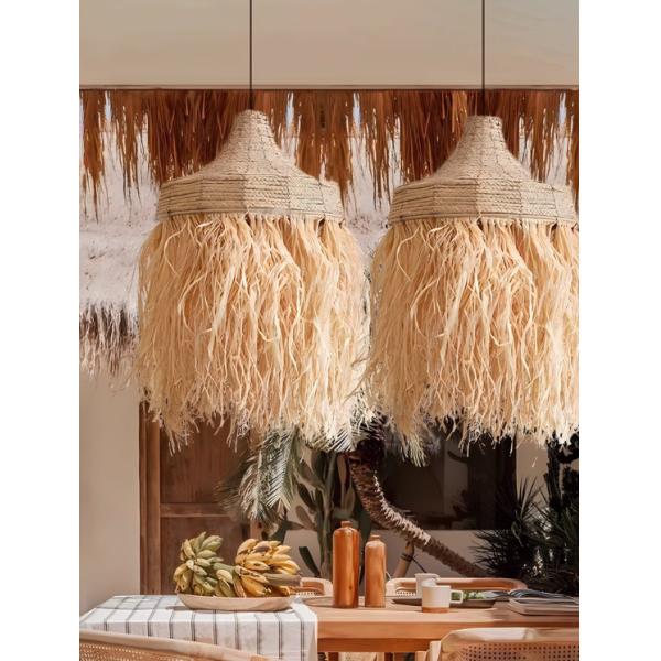 Rattan Chandelier Hotel Restaurant Straw Hat Lamp for Bedroom