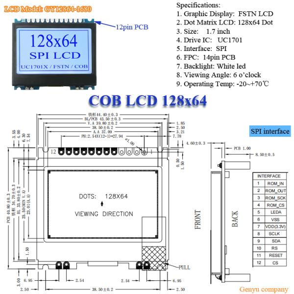 128x64 Fstn COG LCD Display Module I2c Spi St7567 26pin Screen Monochrome Display 12864 Mono LCD Graphic Display ST7567 or UC1701