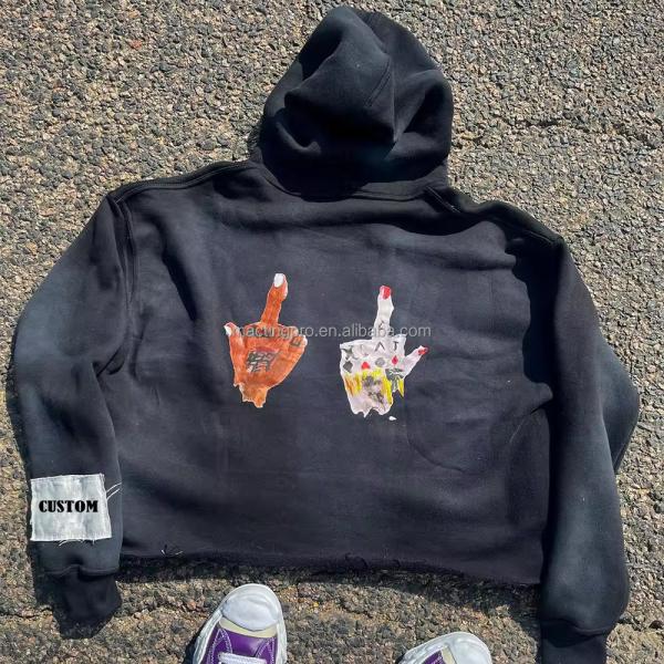 100 Cotton Hoodies For Men Terry Cut Raw Hem Embroidery Applique Sun Faded Acid Wash