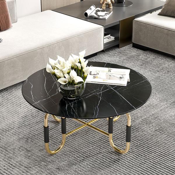 Living Room Stainless Steel Round Central coffee Table  With Bright Gold Mirror Finish Natural Marble Top Metal Legs