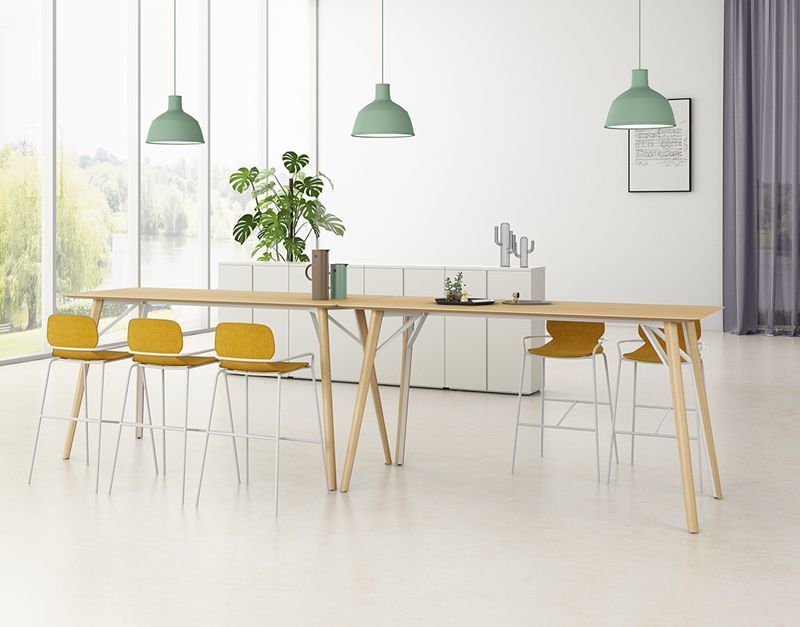 Breakout Space Office Desks Oak Wood Bar Table With White Steel Frame