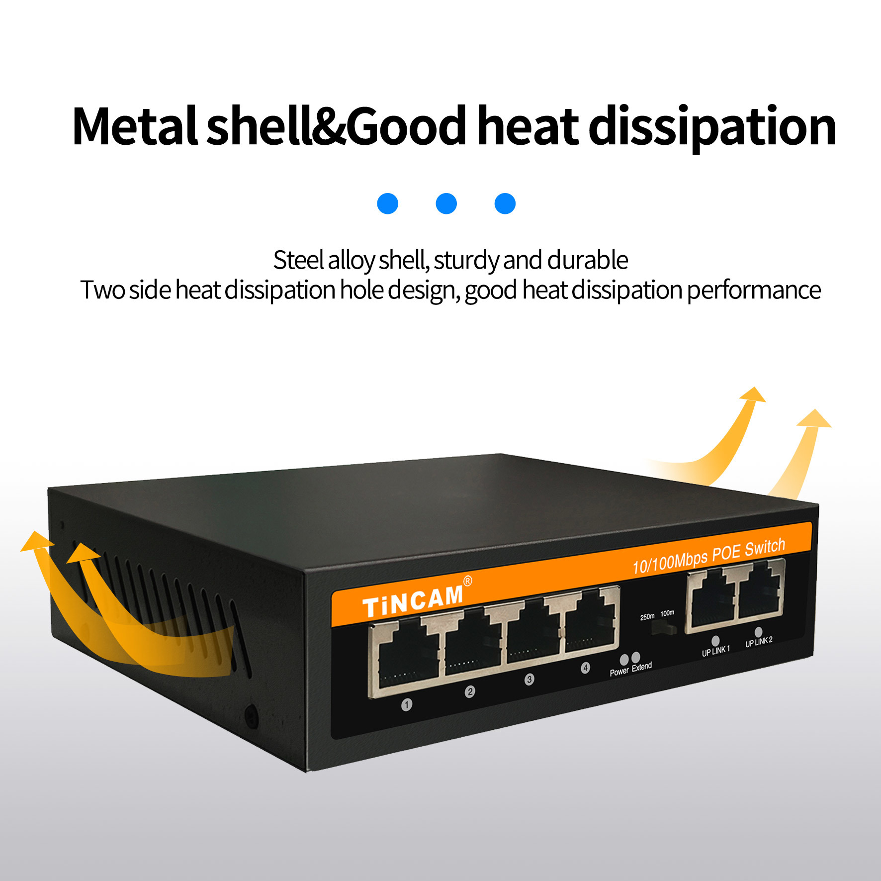 6 Port Fast Ethernet PoE Switch 4 PoE Ports 2 Uplink Ports 10/100Mbps Unmanaged IEEE 802.3af/at 250m Extend VLAN Metal Case Built-in Power Supply TCE-PS4306N