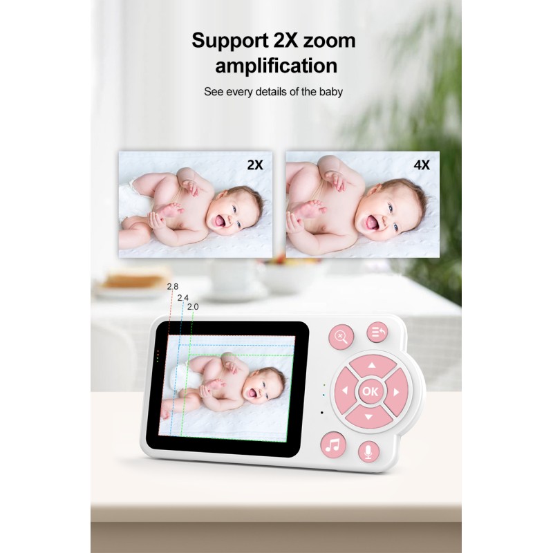 Smart Baby Pet Monitor With Camera and Audio  2.8 Inch Screen 4X Zoom Sleep Surveillance IR Night Vision Two-Way Audio(Pink)