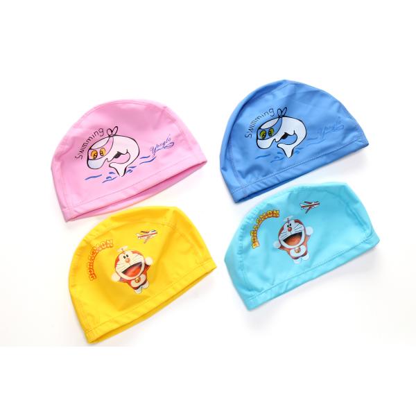 Cartoon dolphin waterproof PU long hair fabric ear protection kids swimming pool water sport swimming cap hat for boys
