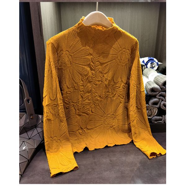 Japanese Pleated Stand Collar Long Sleeve T-shirt Top Printed Pleated Embodying Pleated Process Makes Flower Fashionable