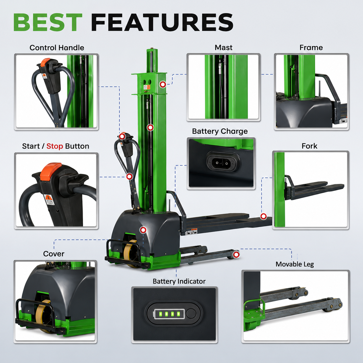 1000kg 1.6m Self Loading Electric Stacker Portable Pallet Lifter
