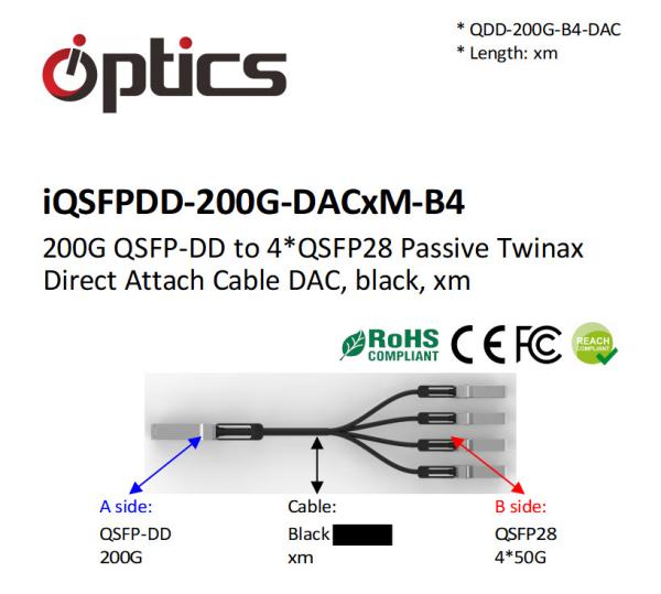 QSFPDD-200G-DACxM-B4 200G QSFPDD To 4x50G QSFP28 Breakout DAC(Direct Attach Cable) Cables (Passive) Dac 10m