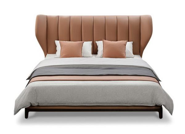 Light Luxury King Bed by Real leather upholstery headboard in Special design for High end House and Hotel guestroom
