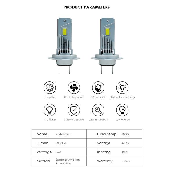 V04-H7pro 72W 7600LM 6000K 3570 Puces Supérieur Aluminium Aviation Ampoule de Phare LED
