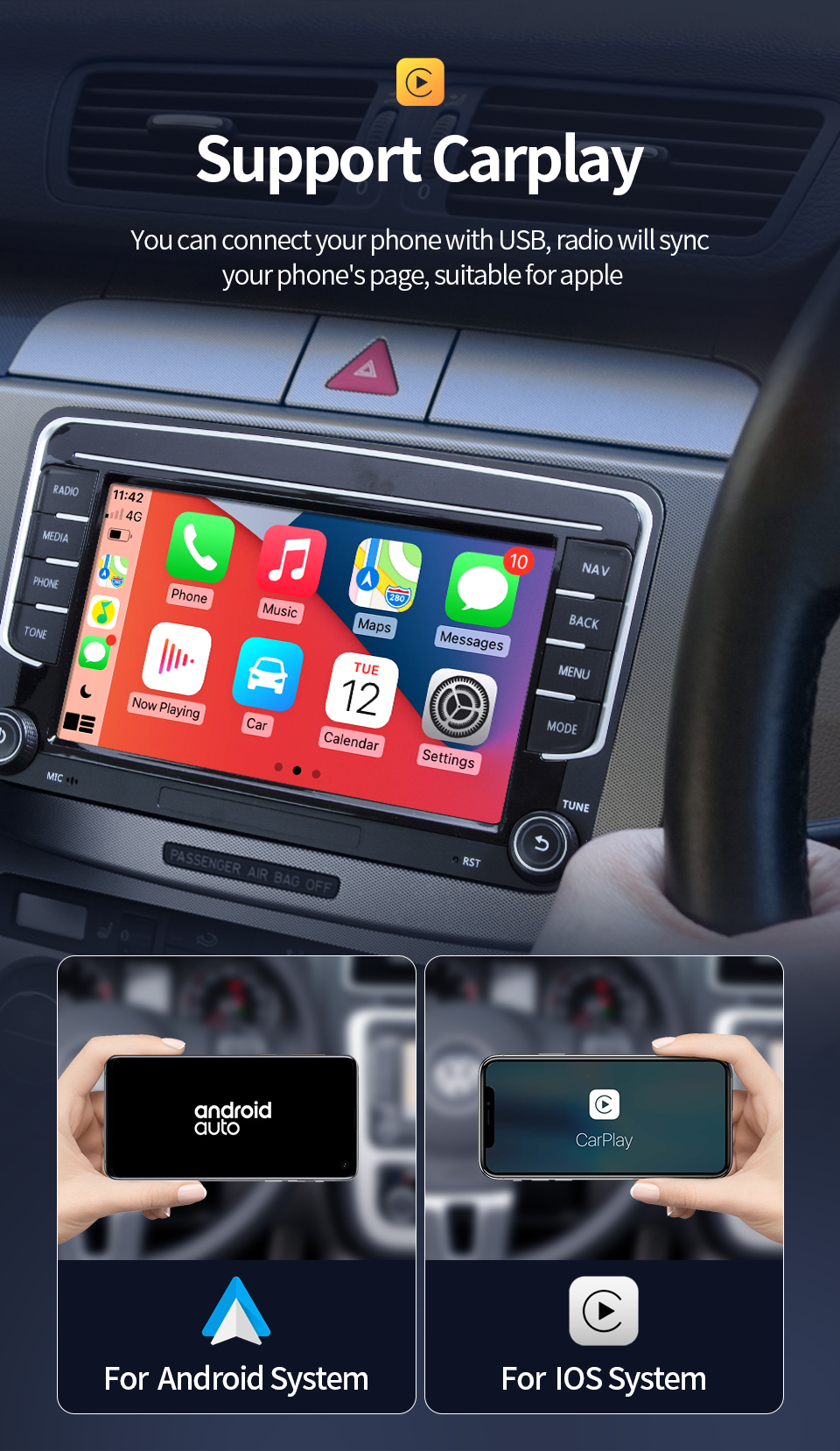 GRANDnavi 7-дюймовый двойной дино Android автомобильное радио Авто BT CarPlay для автомобильной стерео VW