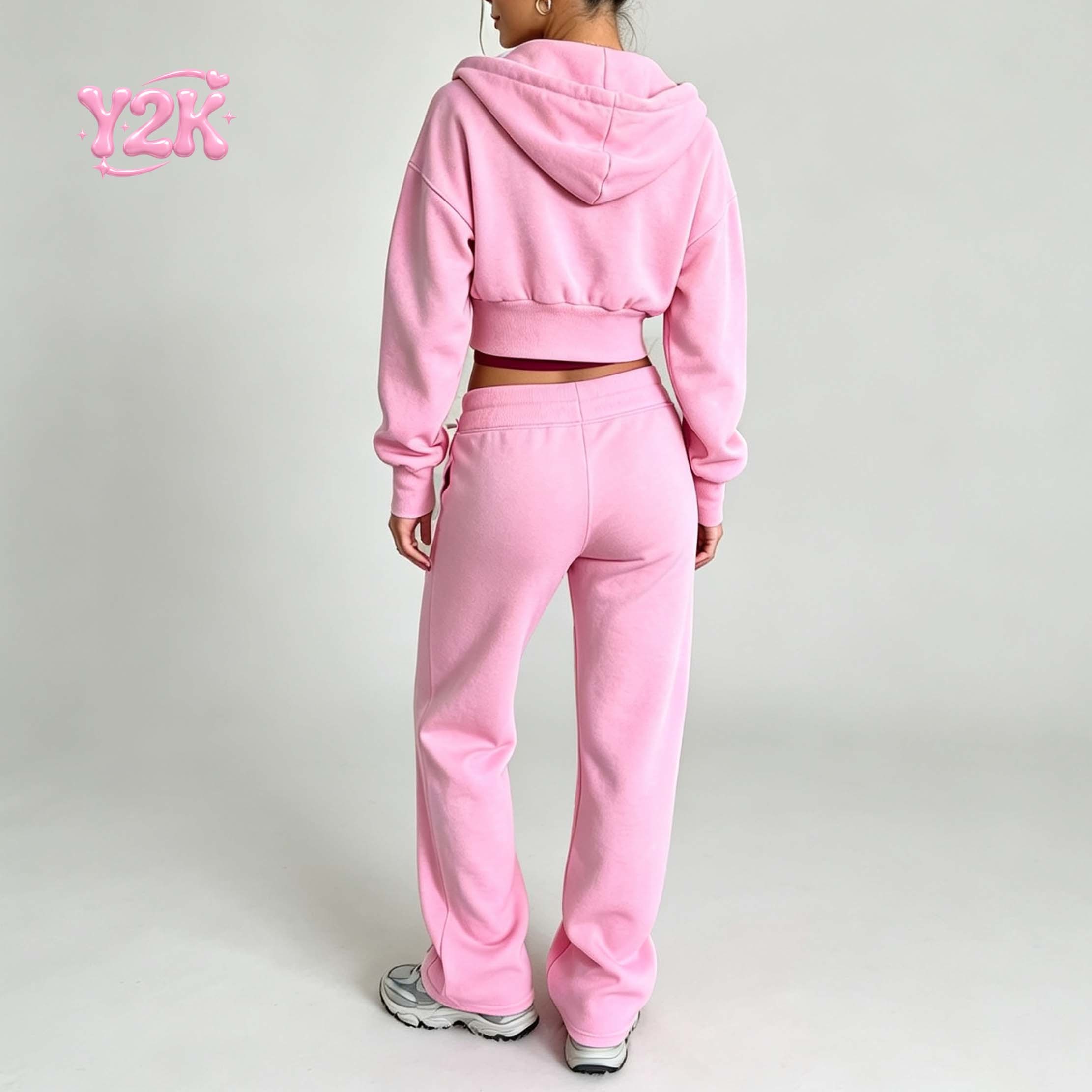 Custom Pink Cropped Zip Up Hoodie & Wide Leg Sweatpants Set