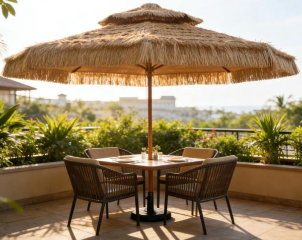 Double Canopy Thatched Umbrella with Ventilation, for Outdoor Lounge and Commercial Patio