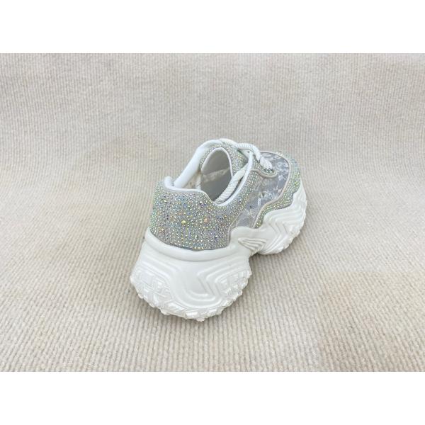 Women white leather sneakers with bling crystal and breathable lace mesh heightening