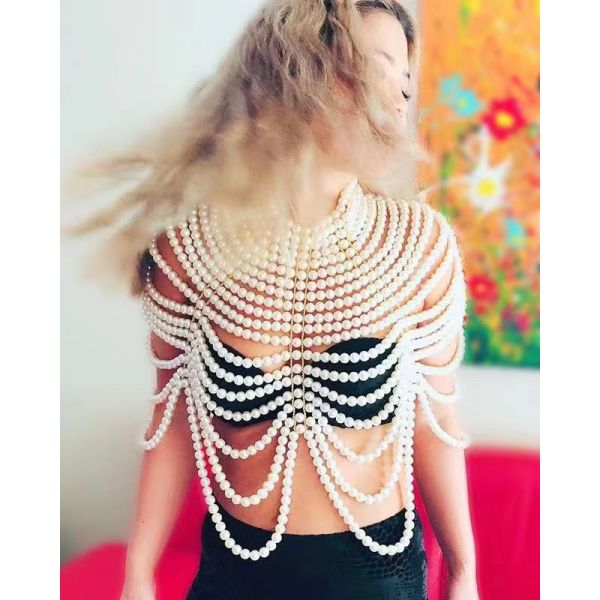 2025 Europe and America Multilayer Pearl Choker Chest Shoulder Chain Pearl Body Chain Wholesale Price