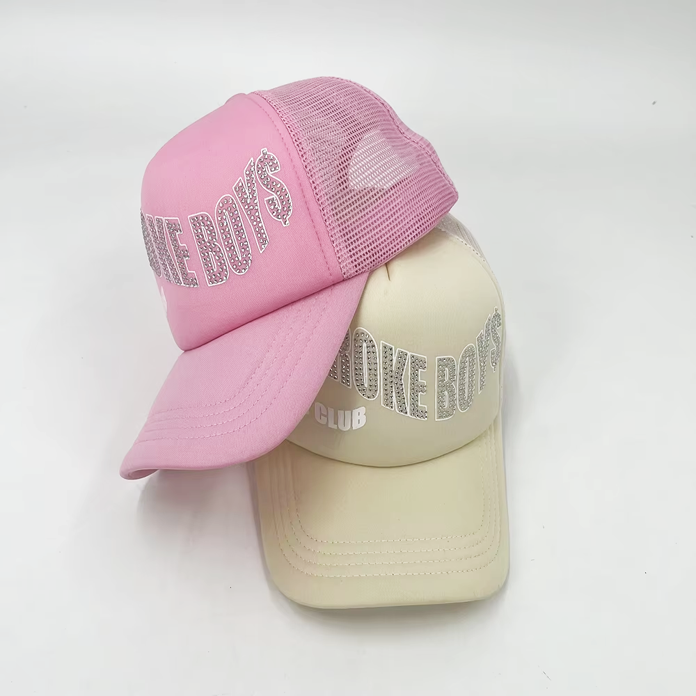 Rhinestone Mesh 5 Panel Trucker Cap Curved Brim For Sport Snapback Cap