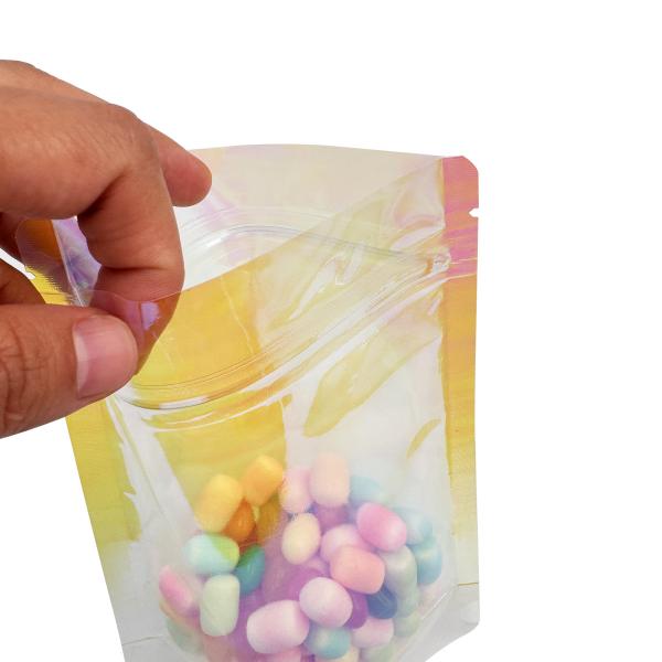 Custom Rainbow Holographic Pink Color Stand Up Pouches with Resealable Zipper for Packaging Food, Candies, Accessories,