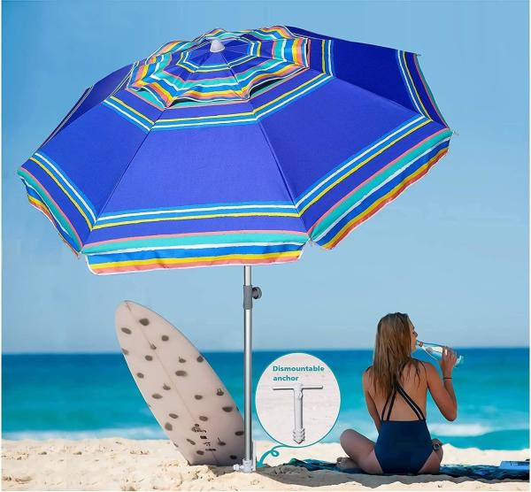 Heavy Duty High Wind Beach Umbrella Parasols Sand Anchor & Tilt Sun Shelter, UV 50+ Protection Outdoor Sunshade