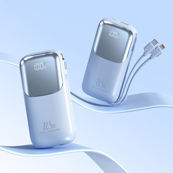 Portable 10000mAh Pocket Power Bank With 2 Cord PD 22.5W Fast Charging LED Display USB-C Output