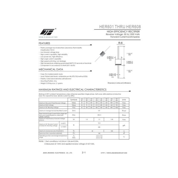 HER601/HER602/HER603/HER604/HER605/HER606/HER607/HER608 R-6 Package 6A Rectifier Diode