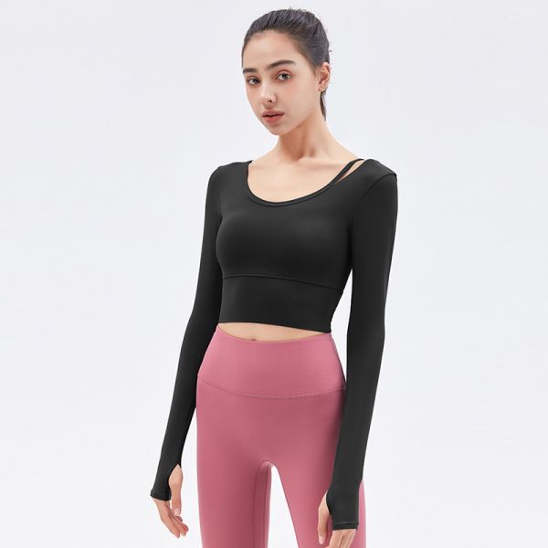 Ribbed Seamless Long Sleeve Crop Top for Women in Peach Pink - Buttery Soft Yoga & Workout Shirt with Built in Bra