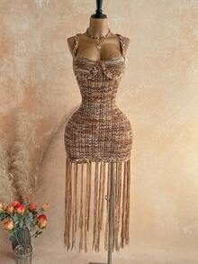 Bohemian Summer Dress with Handmade Braided Rope Trim in Flattering Tropical Orange Tone and Premium Light Sweater Knit