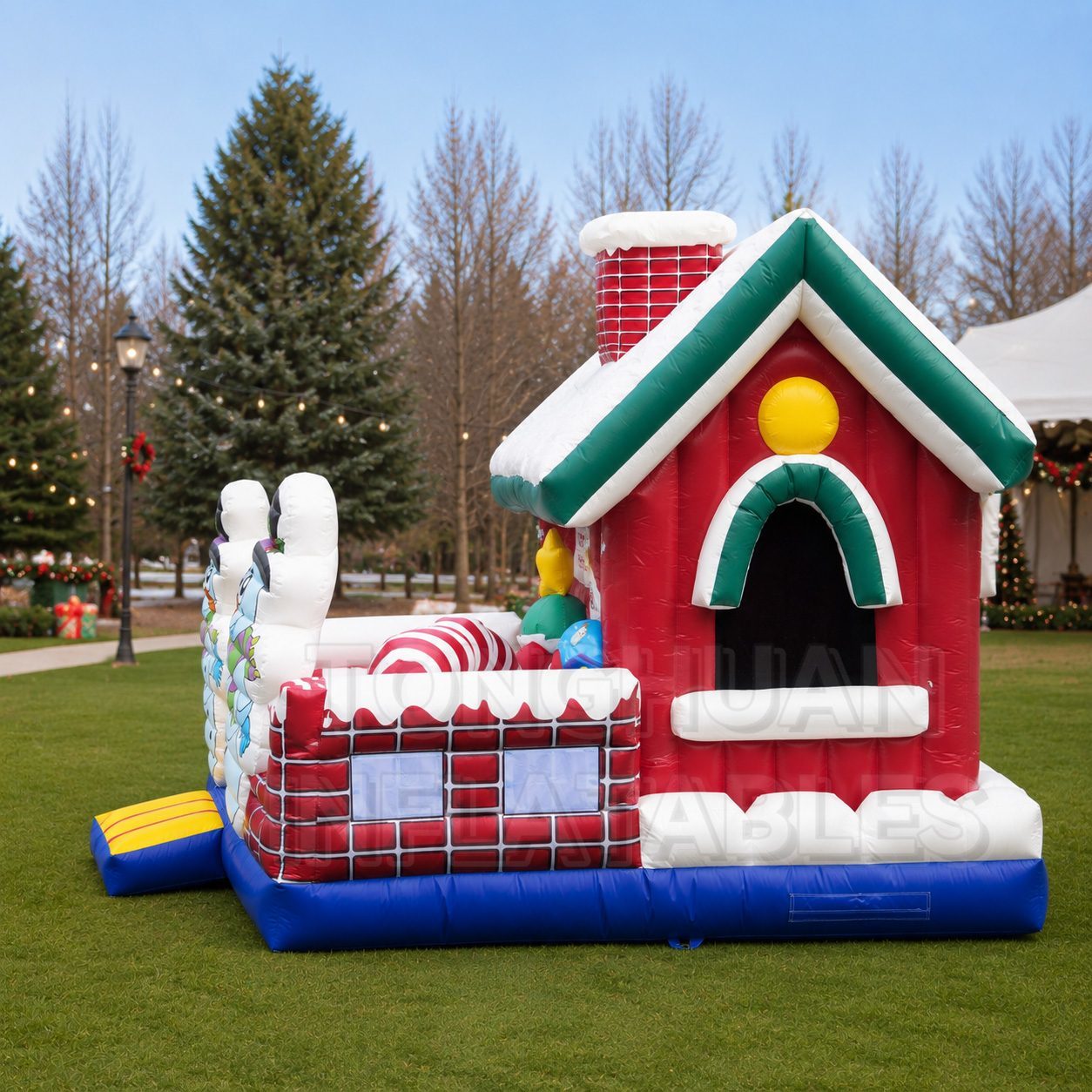 Christmas House Inflatable Bouncer with Snowman Artwork for Kids Holiday Parties Schools Parks and Rental Events