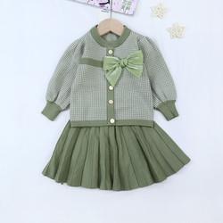 New Style Kids Children Winter Clothing Set Knitting Cardigan Skirt Baby Girl Winter False Cardigan Sweater With Bow