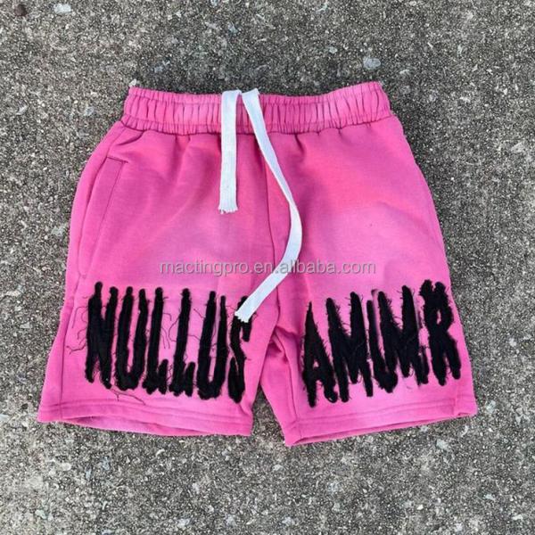 Red Running Acid Wash Distressed Shorts Set Vintage Style Sun Fade Sweat Shorts Embroidered Logo