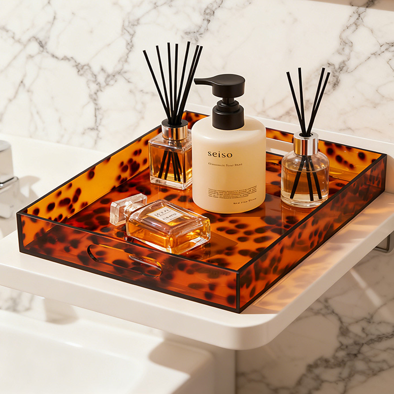 Customizable Acrylic Rectangular Leopard-print Amber Acrylic Snack Tray Makeup Storage Tray for Home