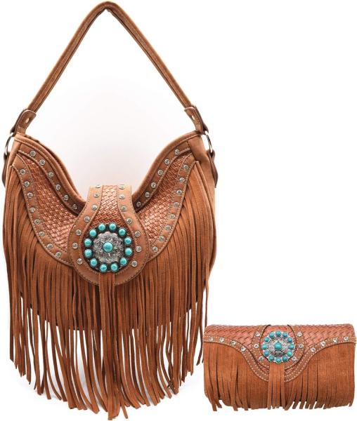WESTERN STYLE FRINGE CONCHOS GEM RHINESTONE STUDDED BRAIDED LEATHER PURSE COUNTRY HANDBAG WOMEN SHOULDER BAG WALLET SET
