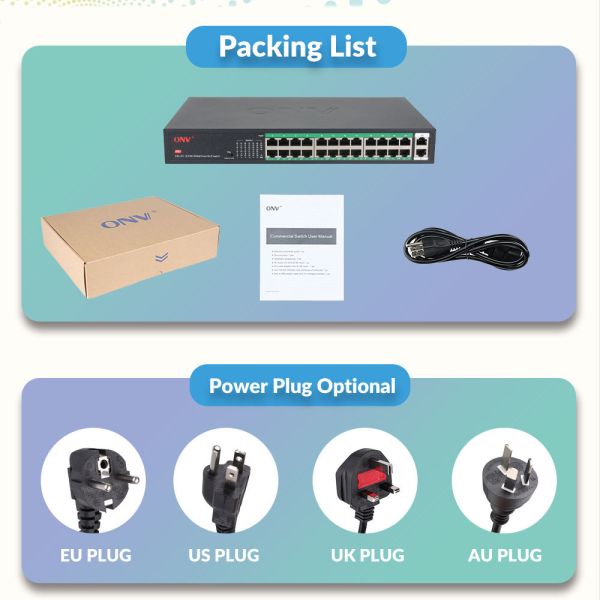 Unmanaged mode 24-port PoE switch plug-and-play design for Gigabit uplink networking