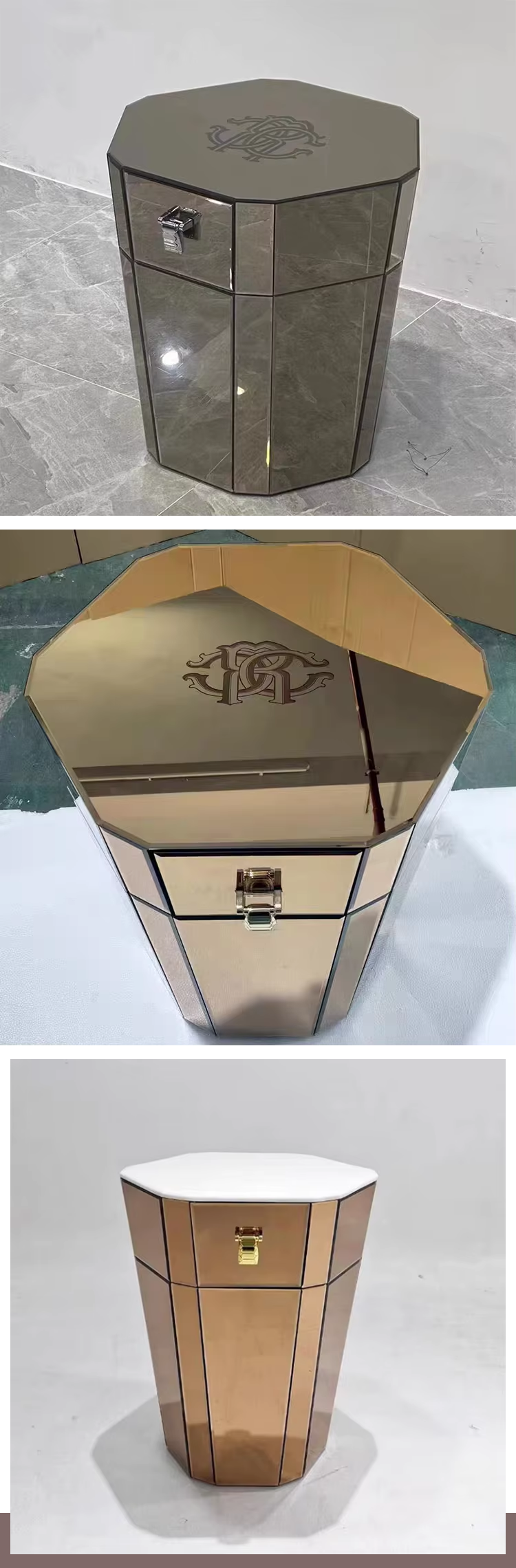 Italy Luxury Bedroom Furniture, Mirrored Bedside Table With Drawers, Modern Design, Light Luxury Bedside Table