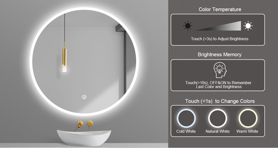 IP54 Waterproof Round Modern Bathroom Mirror Anti Fog With Touch Sensor
