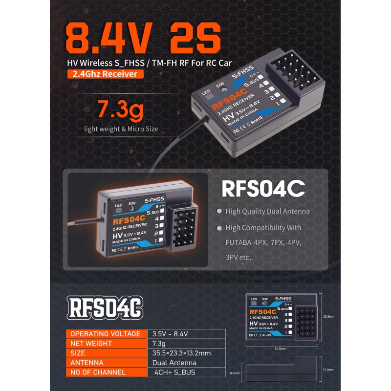 AGFRC RFS04C 8.4V Compatible Futaba S-FHSS Dual-antenna 4CH+SBUS 7.3g Light Weight Receiver Module For Car /Buggy
