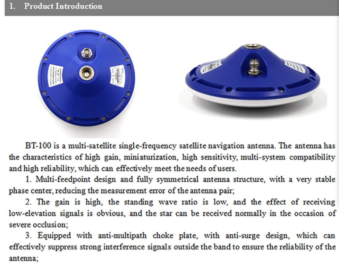 GPS Beidou High Gain GNSS Antenna Single Frequency L1B1G1E1 Dished Mushroom Head BT-100