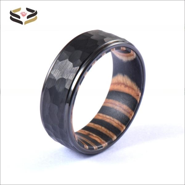 Wedding Bands or Rings Style Black Tungsten Hammered Ring 8mm Step Edge Box Elder Wood Ideal for Party Celebration