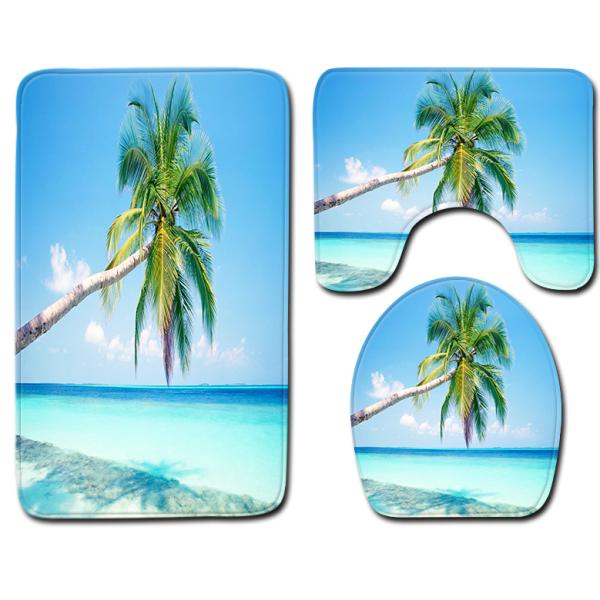 Washable 3 Piece Toilet Mat Set Sea And Sand Beach Scene Bath Mat