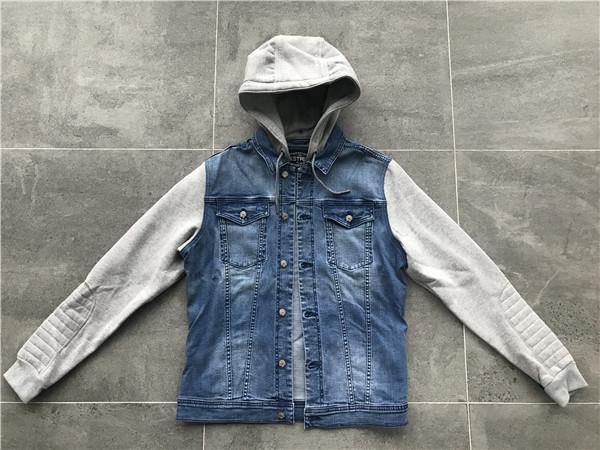 Light Wash Mens Denim Jacket And Jean With Brushed Fleece Sleeves / Detachable Hood