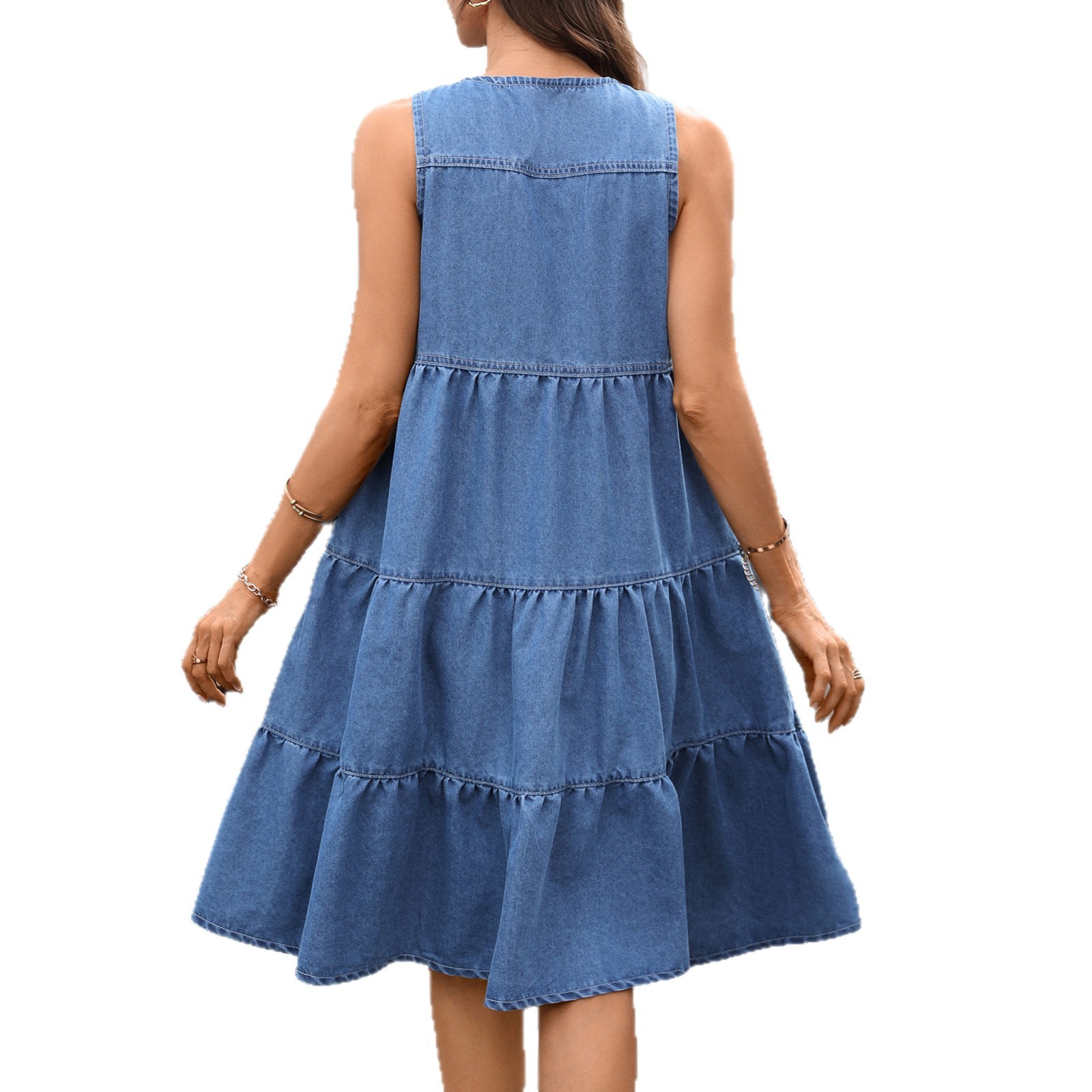Vintage Soft Washed Denim Dress with Adjustable Tie Belt and Multi-Layer Tiered Hem Casual Sundress