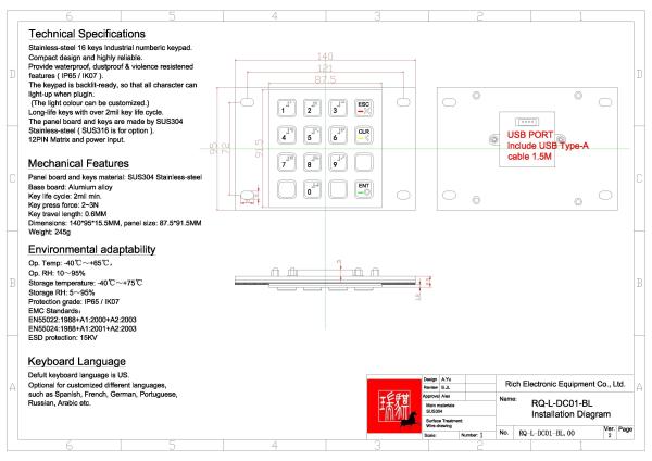 IP65 / IK07 Waterproof USB interface Stainless Steel 16 Keys Backlit Keypad Industrial Numeric Keypad With Braille Rear Panel Mounted -40℃