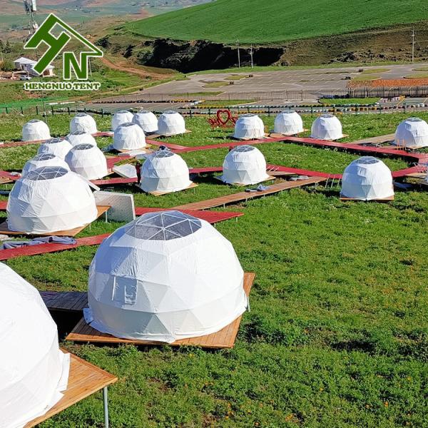 White PVC Cover Steel Frame Geodesic Dome Tent With Bathroom Diameter 6m